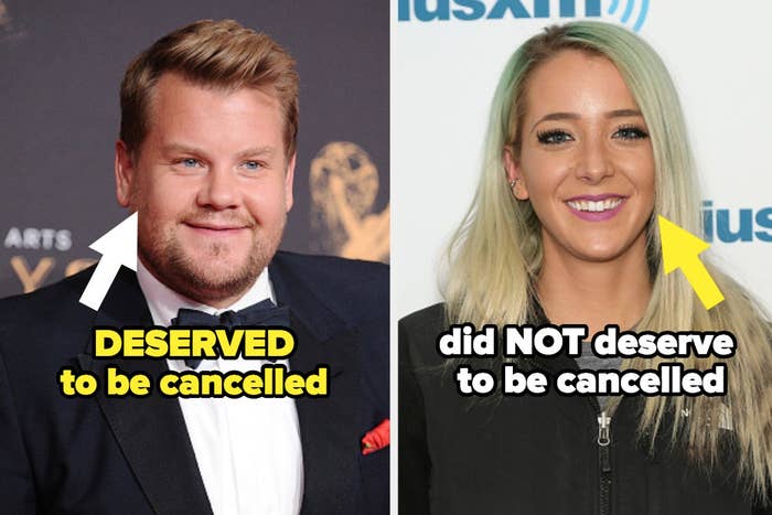 James Corden on the left with the caption "Deserved to be cancelled"