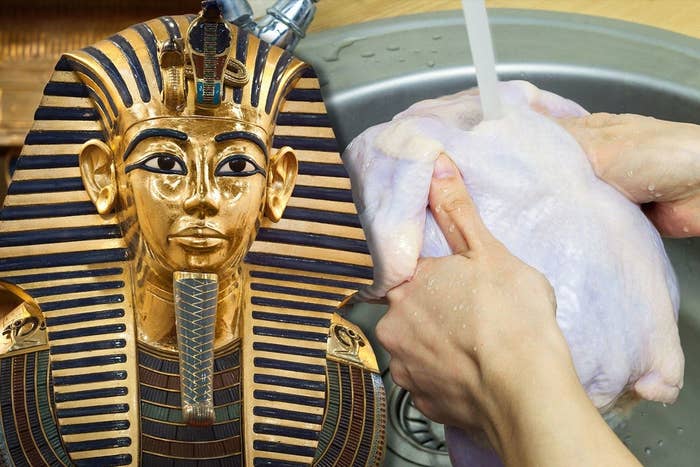 An Egyptian mummy on the left and a person washing poultry on the right
