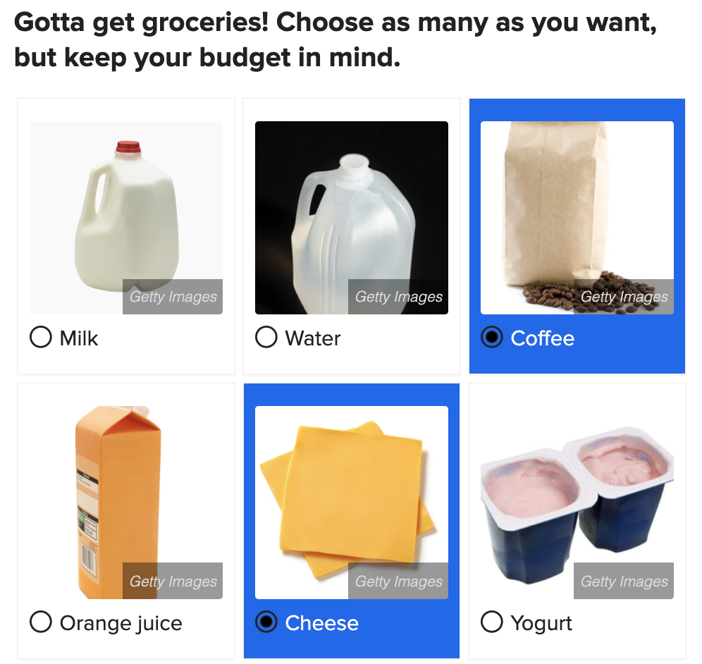 Options for groceries including milk, water, coffee beans, orange juice, cheese, and yogurt