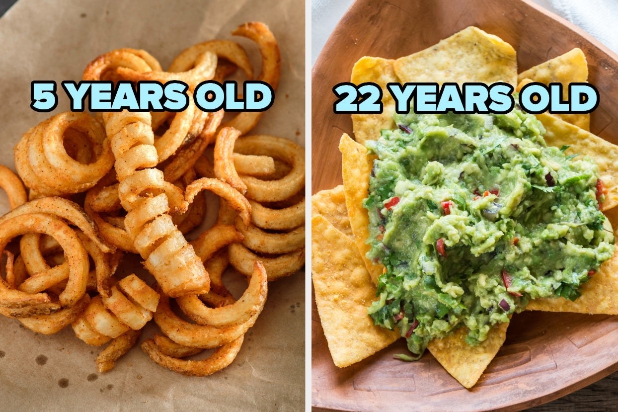Curly fries on the left and chips and guacamole on the right