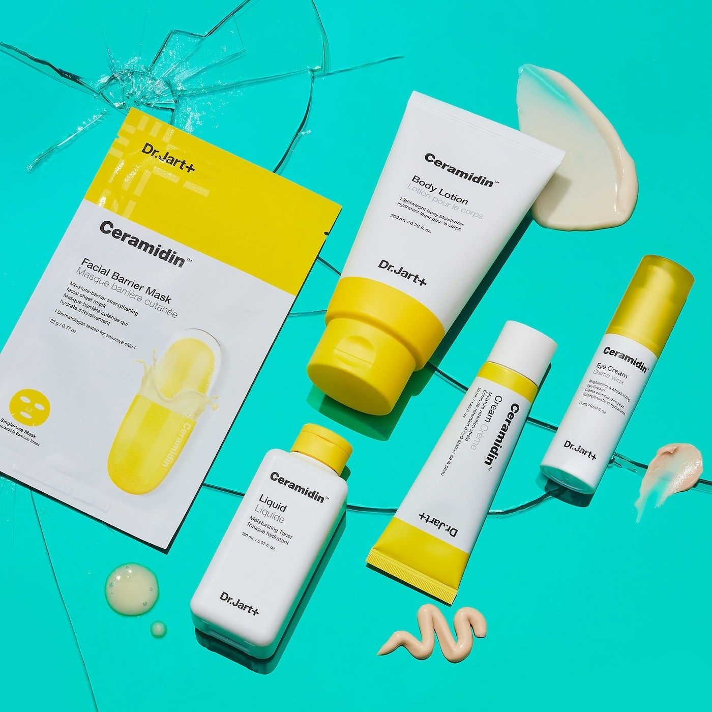 yellow and white tube of the Dr. Jart Ceramidin Cream and other skincare products in the line