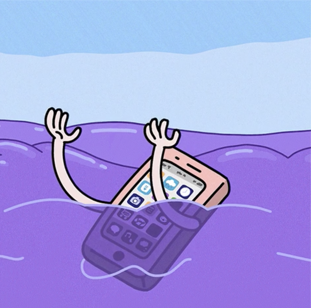 Cartoon of a mobile phone drowning in water