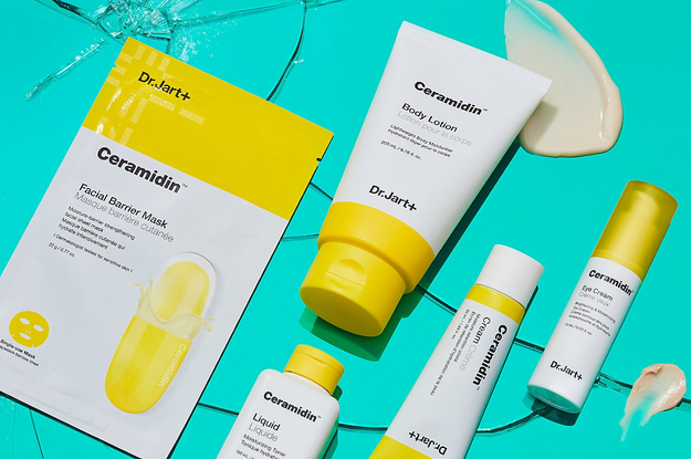 Dr. Jart+ Ceramidin skincare products including face mask, body lotion, and more in yellow and white containers