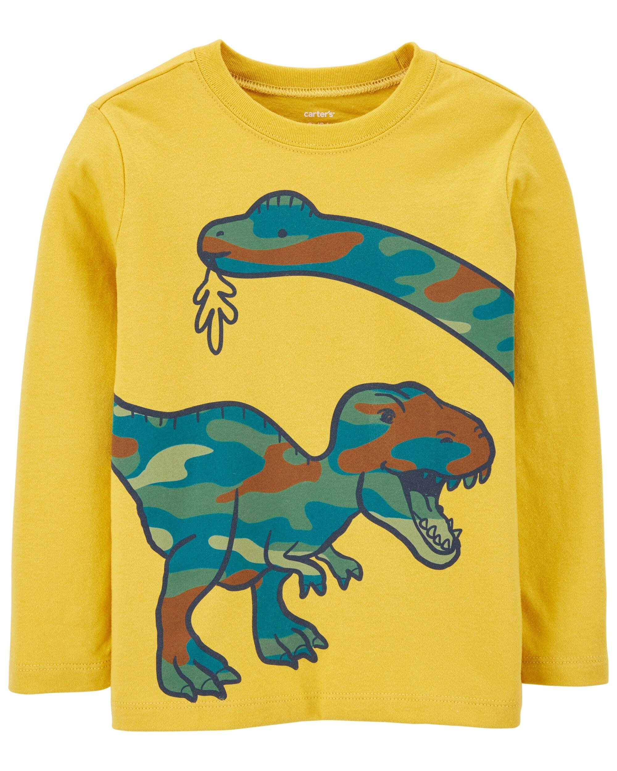 yellow long-sleeve shirt with dinosaurs on them