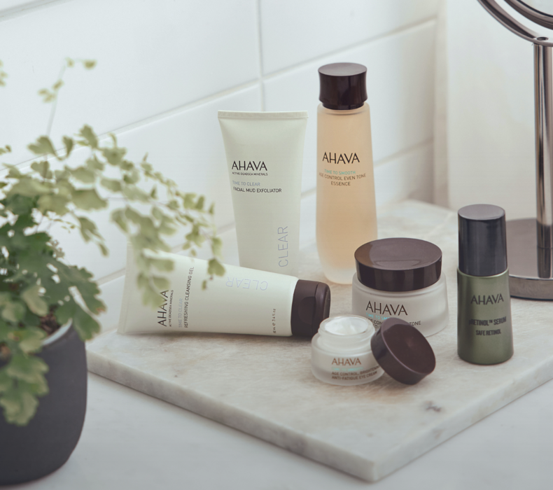 a photo of six products sitting on a bathroom counter