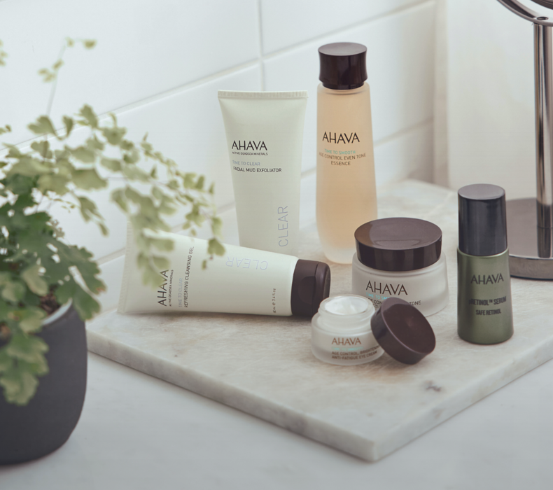 a photo of six products sitting on a bathroom counter