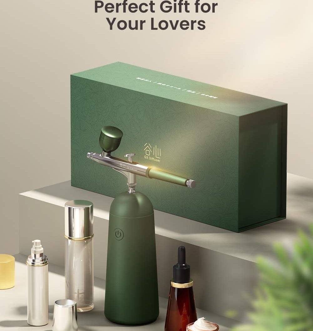 the atomizer next to bottles of skincare