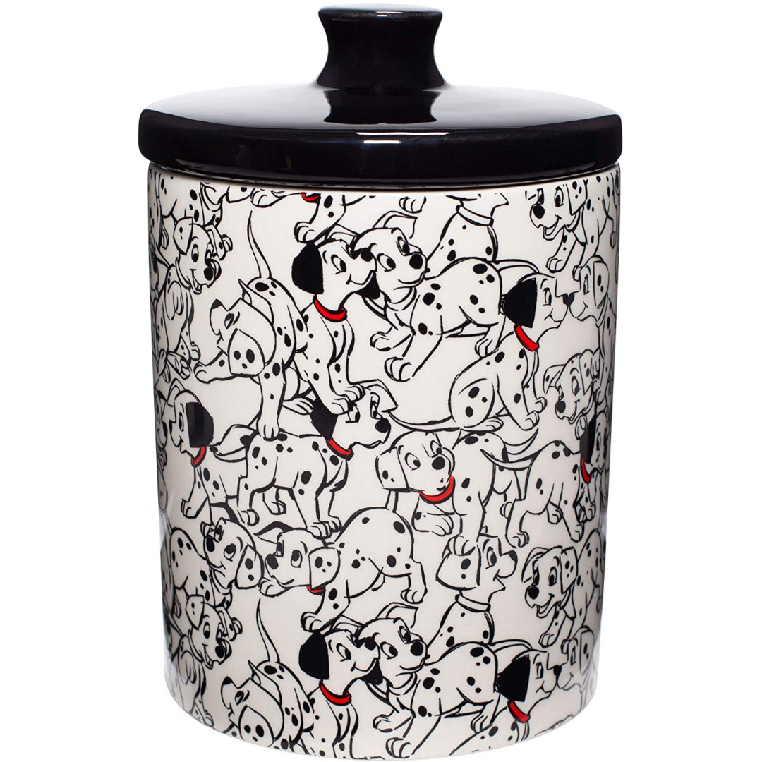 a jar with a black lid and the dog&#x27;s from 101 dalmatian&#x27;s on it