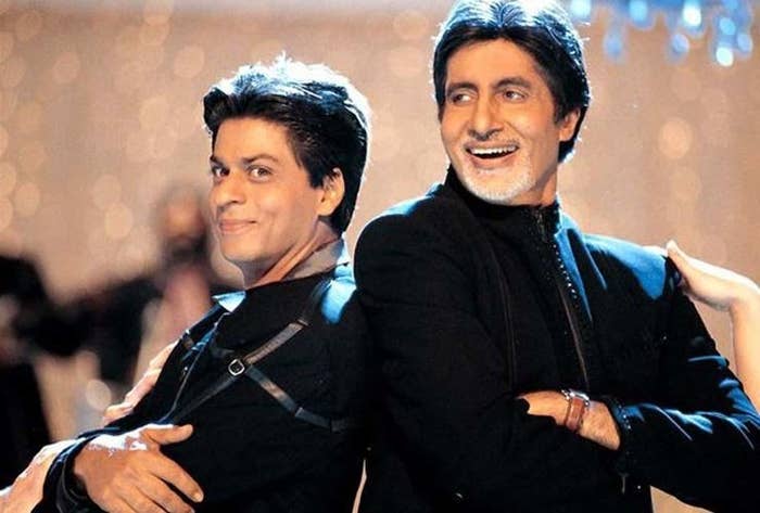 Amitabh Bachchan and Shah Rukh Khan smile in a still from Kabhi Khushi Kabhie Gham