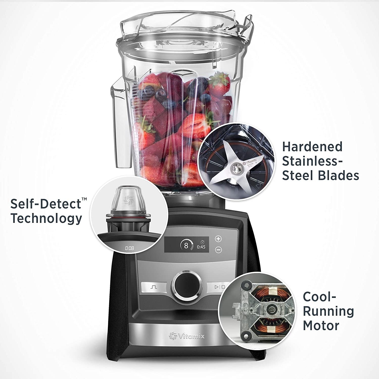 The Vitamix with zoom-ins on its motor, self-detect technology, and steel blades