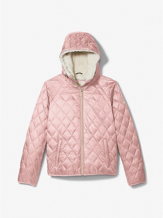 A pink puffer jacket with a fake shearling lining