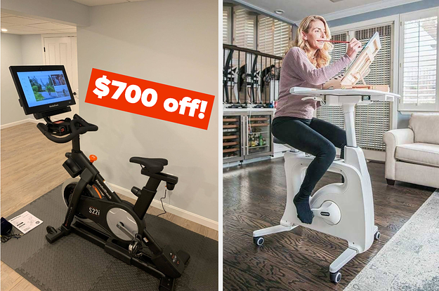 L: NordicTrack exercise bike with text on image that says "$700 off" R: model sitting at an exercise bike that has a desk attachment