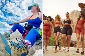 to the left: writer in a leggings set, to the right: a group of women models in different sizing wearing the sets