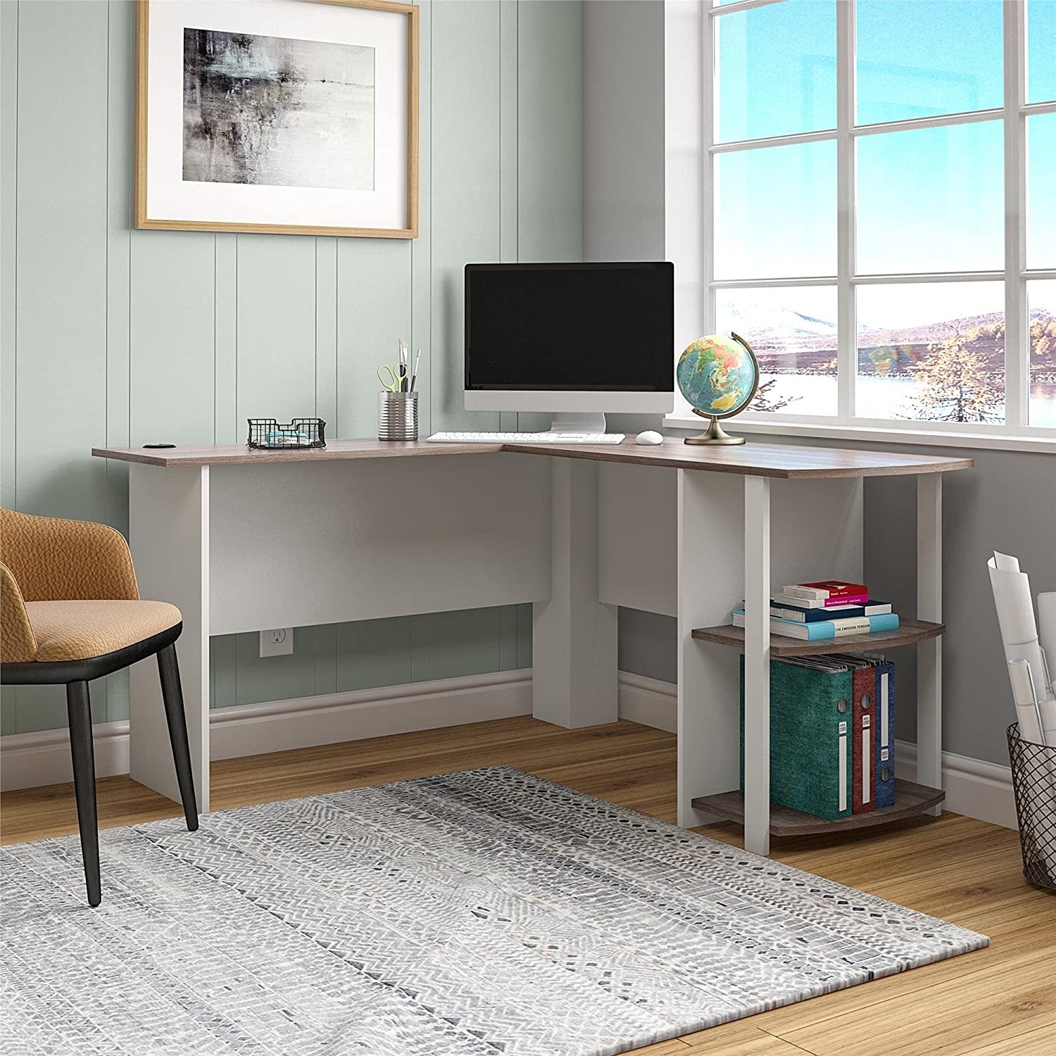 white L-shaped desk with brown top and two shelves on one side