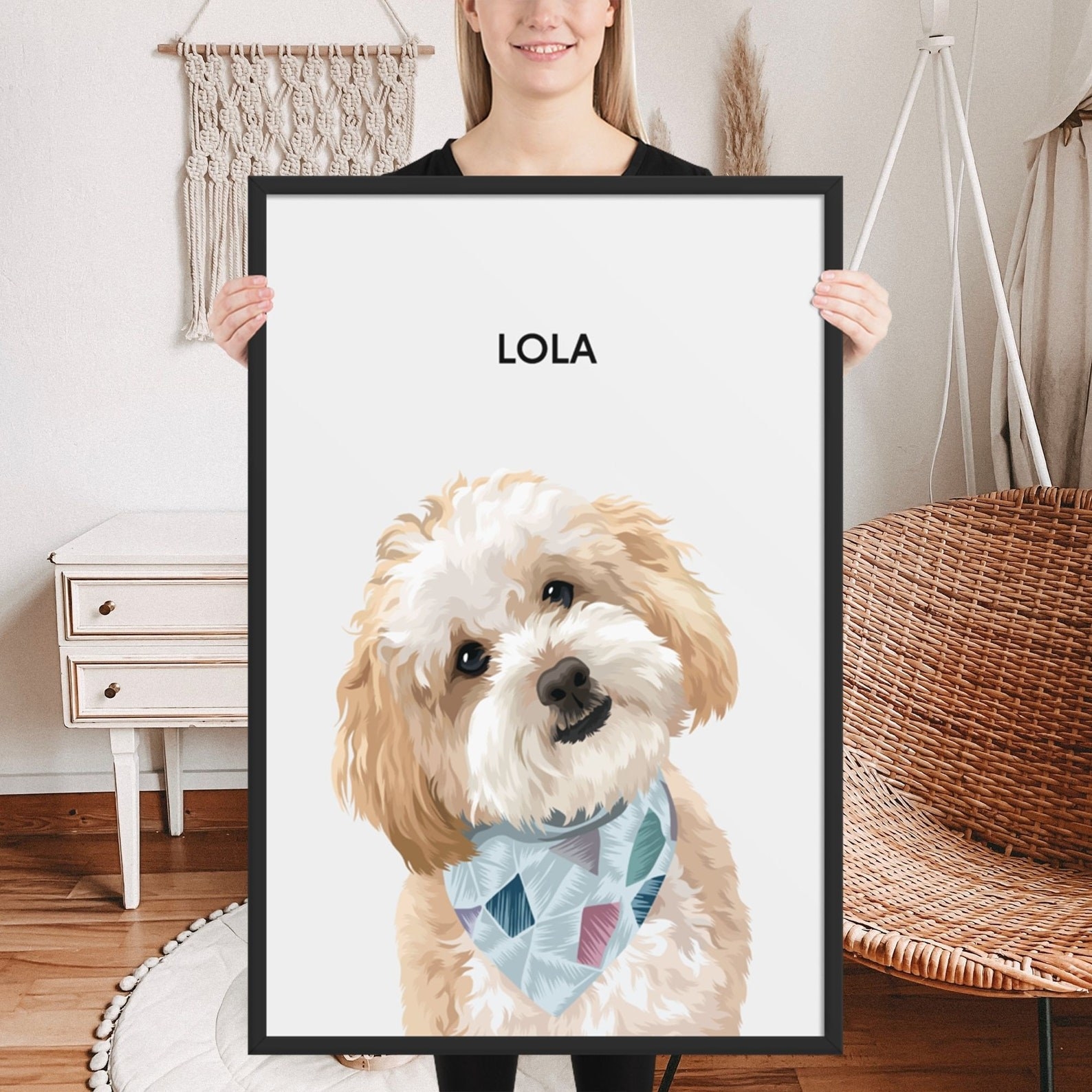 Person holding portrait of a dog named Lola