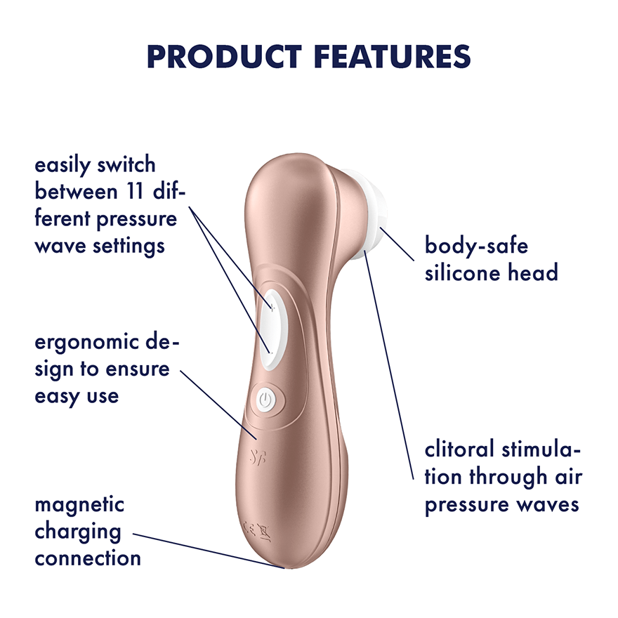 a diagram with the L-shaped vibe; 11 pressure settings, ergnomic design, body-safe silicone, clitoral stimulation through air pressure waves