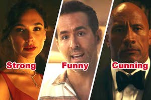 Gal Gadot with the label "strong", Ryan Reynolds with the label "Funny" and The Rock with the label "cunning"