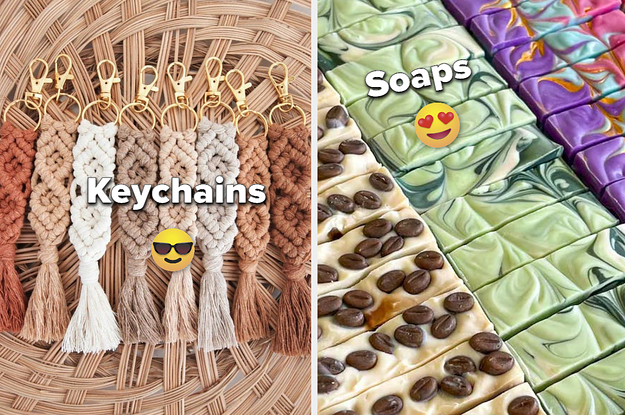 left is macrame key chains in different nude shades and right is rows of handmade bar soaps in different bright colors