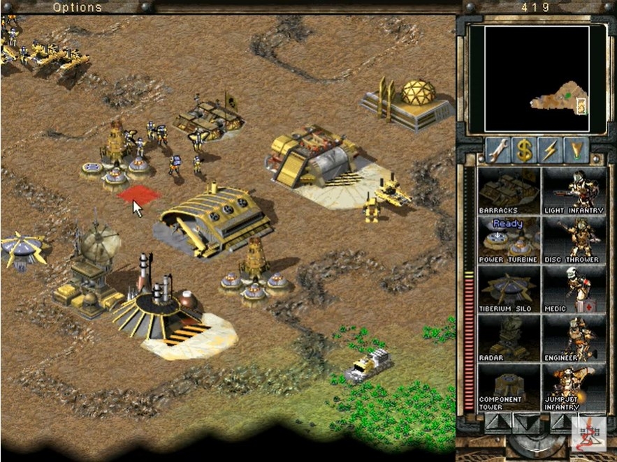 An overhead view of a base being built in Command and Conquer: Tiberian Sun