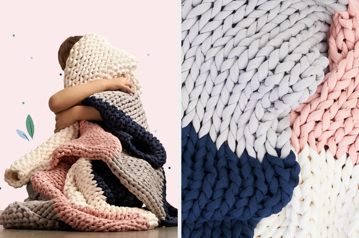 Split image of child model wrapped in blue, gray, pink, and white blanket next to closeup image of blanket