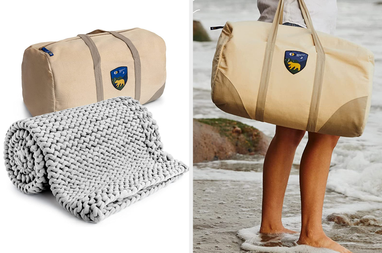 Split image of rolled up gray blanket next to travel bag juxtaposed with model standing with travel bag on the beach