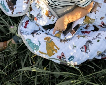 Child on grass swaddled in blanket with dog pattern