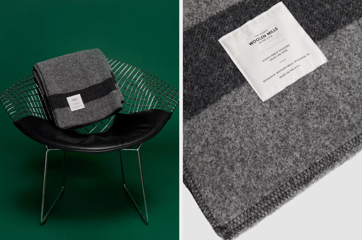 Split image of gray blanket with black strip on chair and a close up image of blanket with tag