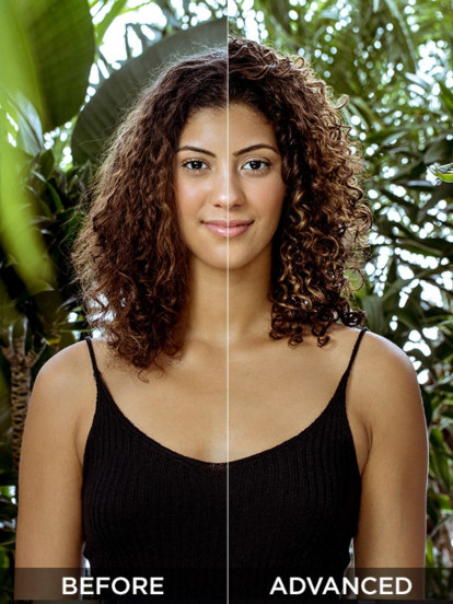 before photo of a model with flattened and frizzy curls and an after photo of the same model with curls more defined and less frizzy after using a heat and humidity gel