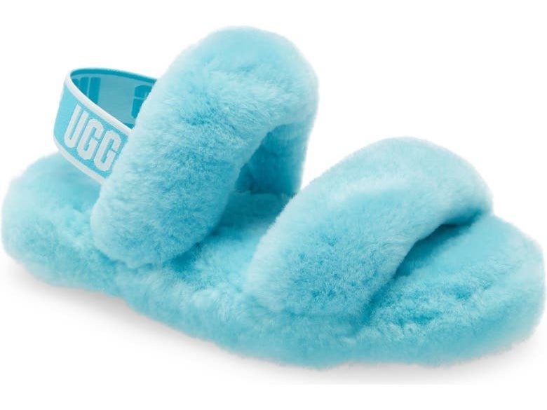 blue fuzzy slingback sandals