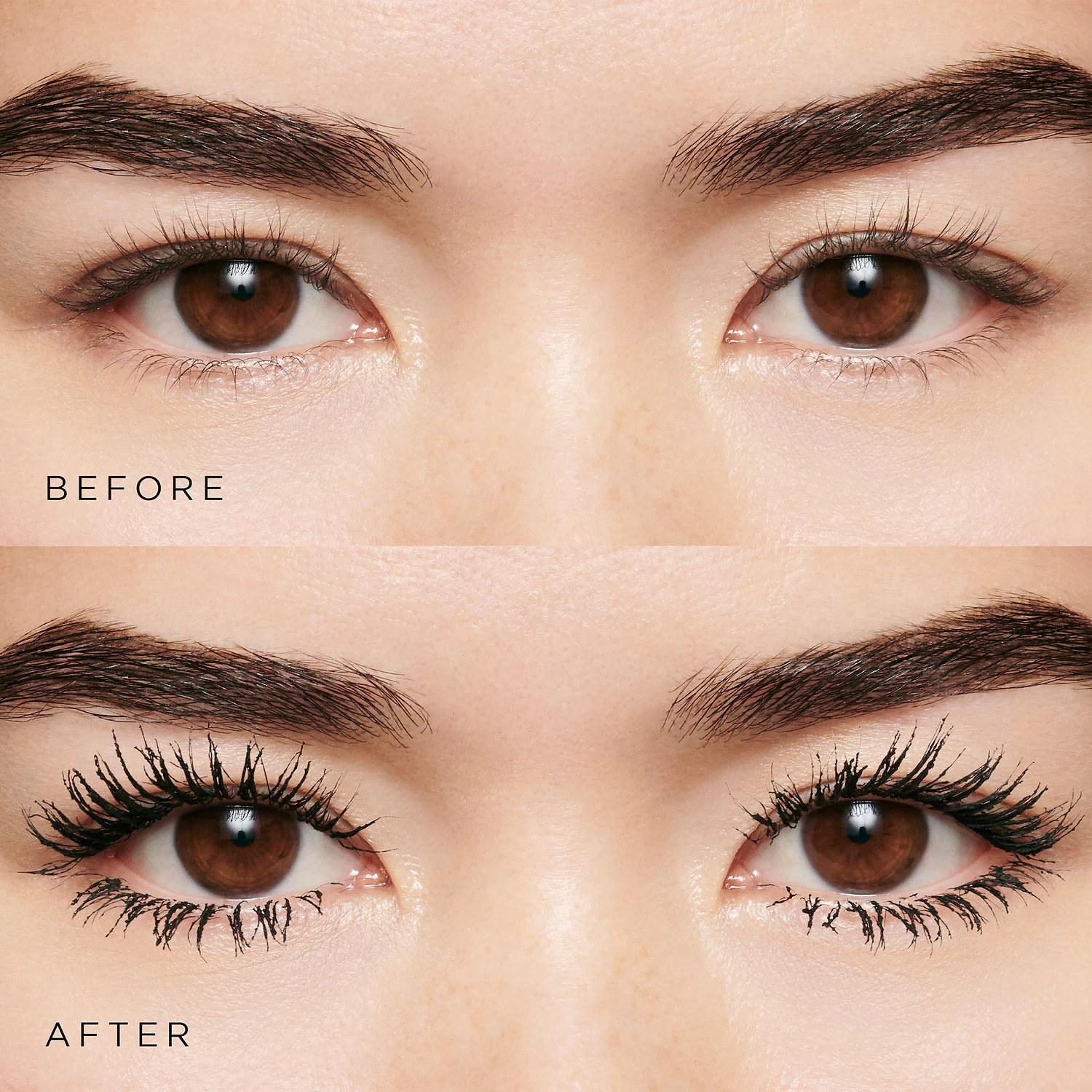 model&#x27;s before and after photo showing the mascara dramatically lengthened their lashes and darkened them as well