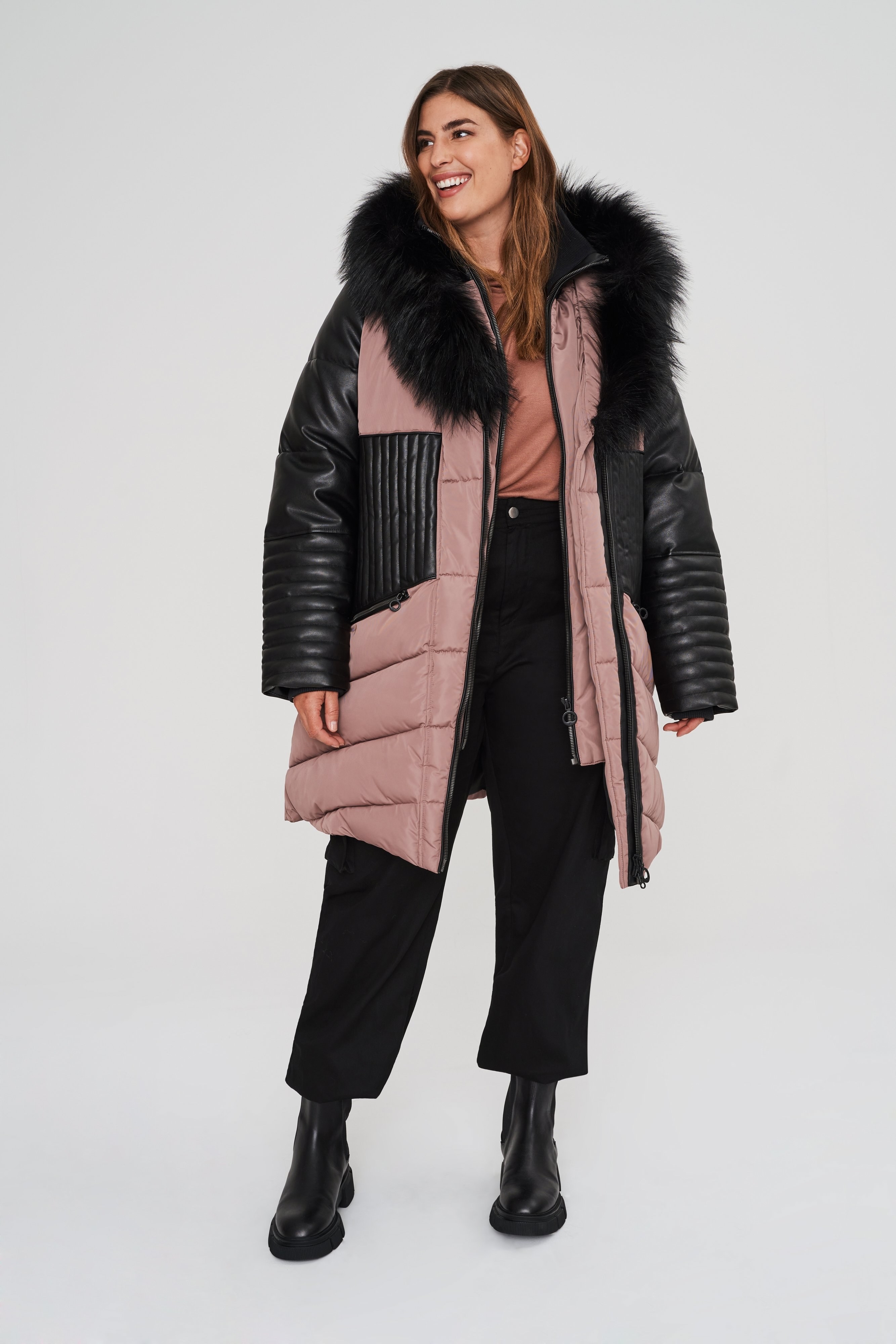 model in puffer faux-fur coat