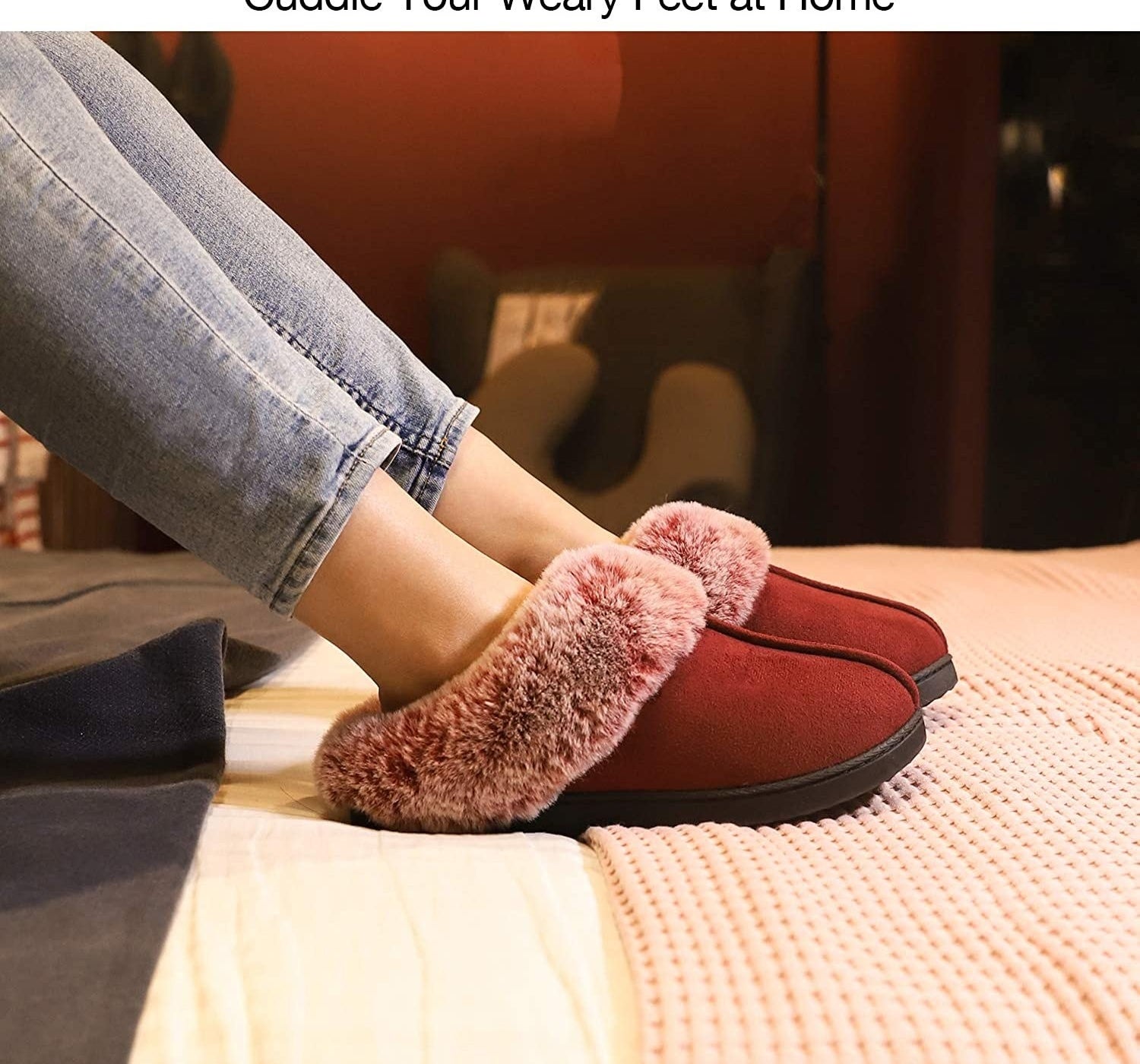 A person wearing slippers in bed