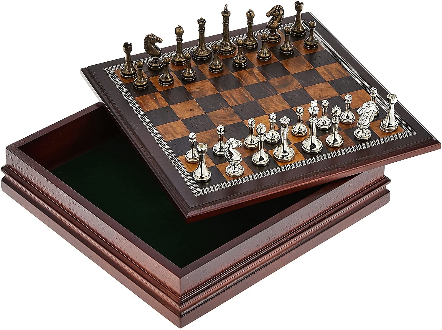 The chess set with the top half-on the base