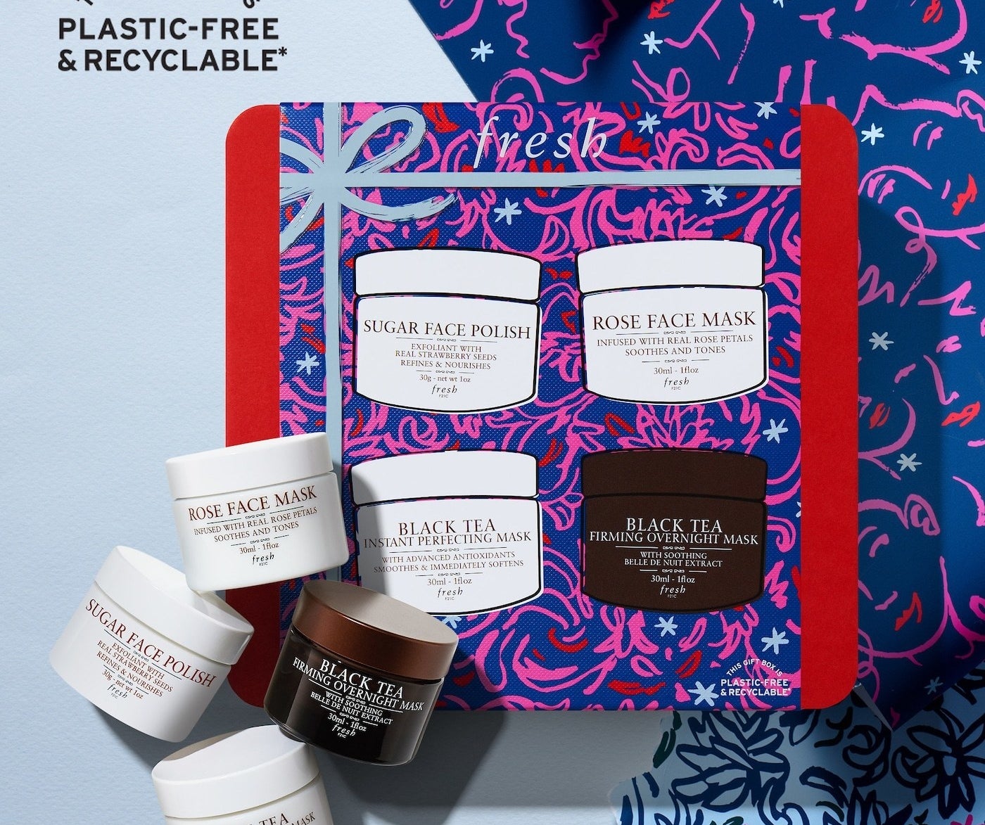 a set of three mini face masks and a sugar-based face polish