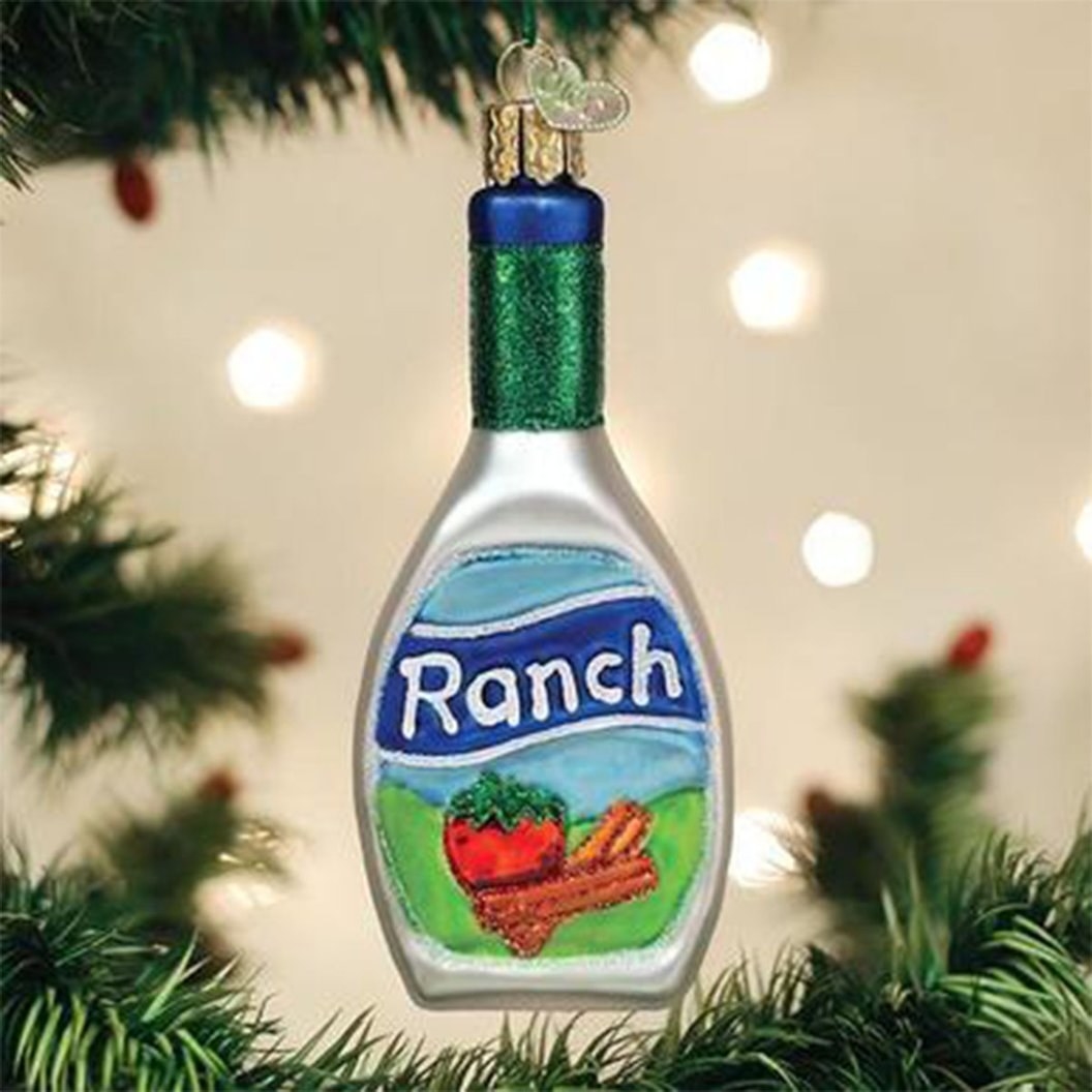 ornament that looks like a bottle of ranch dressing