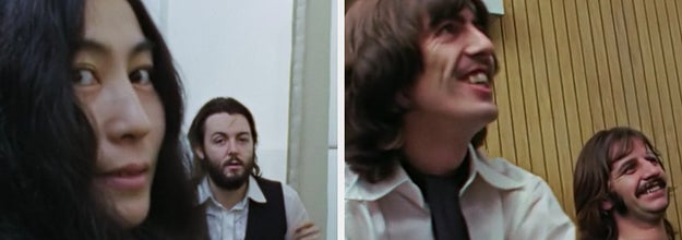 Stills from Get Back The Beatles Documentary showing Yoko Ono and Paul McCartney sitting together and George Harrison and Ringo Starr laughing