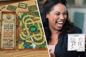 A Jumanji board game and a woman holding up a stick figure drawing