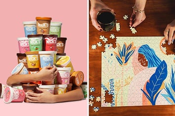 a pile of Nick's ice cream pints; two models completing a Jiggy puzzle