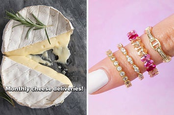 to the left: a wheel of brie, to the right: a finger with four rings on it
