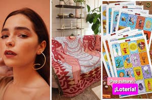 Left is a woman wearing a brass looped earring, middle is a Gemini throw blanket, and last is pop culture Loteria cards