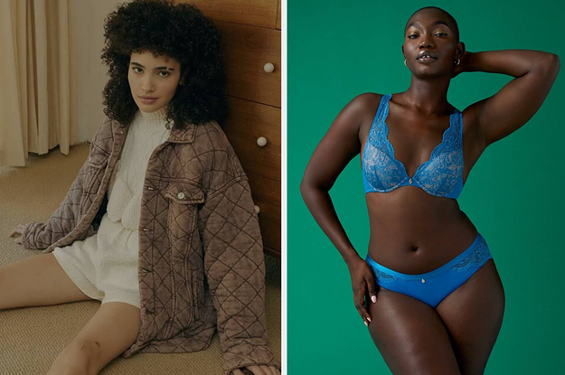 model in quilted jacket and model in blue lace bra and undies