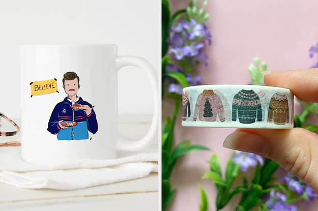 to the left: a ted lasso mug, to the right: washi tape with sweaters on it