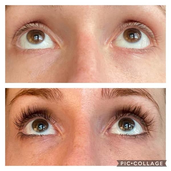 A reviewer&#x27;s before/after showing how much their lashes have grown