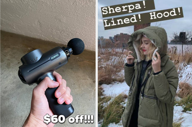 (left) massage gun (right) winter parka