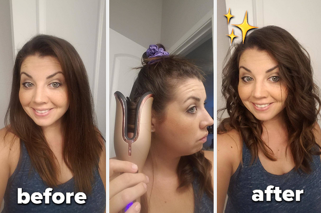 A split thumbnail of a person curling their hair