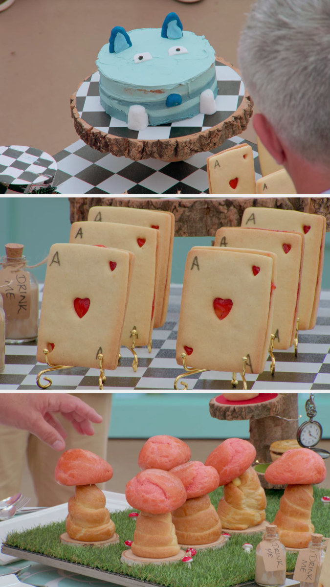 Chigs&#x27; cheshire cat cake, playing card biscuits, and bun mushrooms