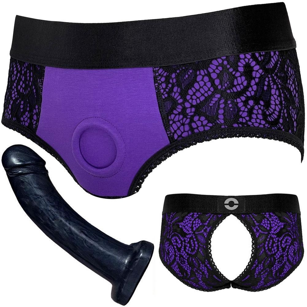 Black and purple lace panty harness and black pearl dildo