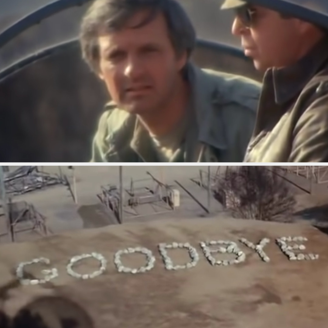 Hawkeye looks from the helicopter and sees &quot;goodbye&quot; spelled out in the dirt