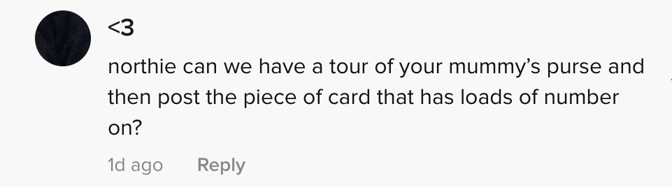 northie can we have a tour of your mummy&#x27;s purse and then post the piece of card that has loads of numbers on?