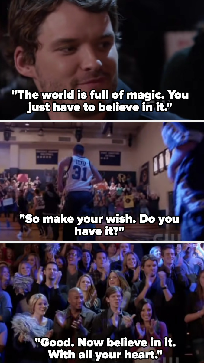 the characters take turns voicing a speech that goes, &quot;The world is full of magic. You just have to believe in it. So make your wish. Do you have it? Good. Now believe in it. With all your heart&quot; as we see them all at Jamie&#x27;s basketball game
